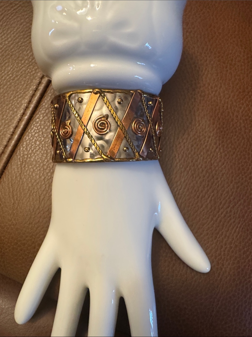 Hammered mixed metals artisan cuff bracelet